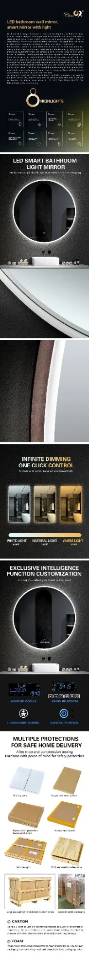 LED Bathroom Mirror with Waterproof, Defogging, Touch Adjustable and High-Tech Intelligent Mirror/Circular Bathroom Mirror