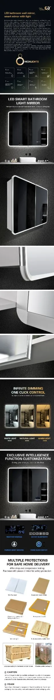 High Tech LED Intelligent Bathroom Mirror with Multiple Sizes and Waterproof and Anti Fog Functions for Bathroom Wall Mirrors