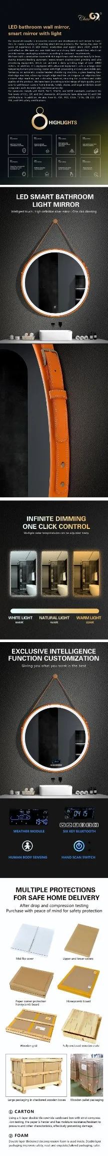 WiFi, Bluetooth, Digital Clock Home Decoration Professional Design Round Mirror/LED Mirror/Smart Mirror/Multifunctional Mirror/Fog Free Mirror