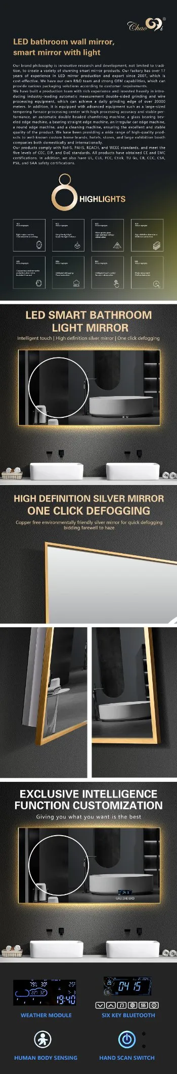 Modern Smart LED Bathroom Mirror with Touchscreen and Bluetooth Audio