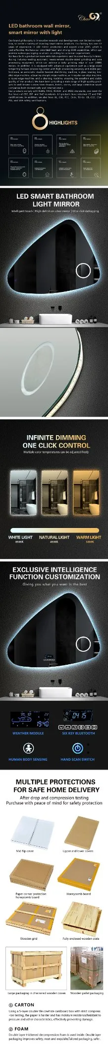 Hotel or Home Wall Mounted Backlit Intelligent Aluminum LED Bathroom Mirror with Defogging Bluetooth Music Smart Mirror